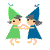 Two pixelated figures in green and blue dresses holding hands, dancing against a gray background.