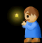Pixelated character in blue robe holding glowing wand with yellow star, standing against black background with multiple yellow star glows.