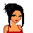 Pixel art of a woman with black hair in a red top, showing torso and legs with blue skirt and gold belt, over red text reading "Chingy is my super-star!"