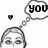 A black-and-white animated icon shows a character's face with thought bubbles containing 'you' and heart symbols changing across frames.
