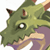 Pixelated green dragon head with brown horns, purple body part, and white eye highlight on transparent background.