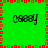 Green background with red and brown pixelated border, four identical black text elements arranged in a
