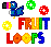 Pixel art image featuring a blue toucan with colorful beak, four circular fruit icons, and 'FRUIT LOOPS' text in rainbow gradient letters.