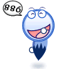 Animated blue cartoon character with wide eyes and a large open mouth, holding a white circular object near its face in