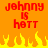 Pixelated orange background with red text "johnny is hott" and yellow-orange flames at the bottom, two identical frames side-by-side.
