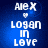 Blue background with white text reading 'Alex', a heart symbol, 'Logan', 'in', 'love', and 'Love' in a vertical arrangement.