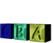 Animated sequence of three colored blocks and a yellow cube with 'A' text, showing the cube's position shifting across frames.