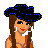 Pixelated character with brown hair, blue cowboy hat, and teal bell-bottom pants; text reads 'howdy wanna b partners' in blue.