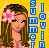 Pixelated cartoon icon of a woman with long brown hair and pink flower in hair, wearing pink bikini top against yellow background with blue text "SUMMER" vertically aligned on right.