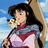 Pixelated anime-style character with long dark hair, wearing a red and blue outfit against a light blue sky background.