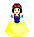 Pixel art of a character with black hair, red bow, blue dress, and yellow skirt in two poses with closed eyes in the second.