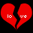 Two red broken heart shapes with white text 'lo' and 've' on black background, each heart split into two parts.
