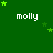 Green background with repeated white text 'molly' and scattered green stars in pixelated style.