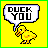 Pixelated yellow duckling with orange beak and feet stands beneath a white speech bubble containing black text on solid yellow background.