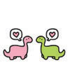 Two cartoon dinosaurs face each other with speech bubbles containing pink hearts, one pink and one green on white background.