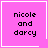 Four pink square with white borders display 'nicole and darcy' text; top-right has a heart, bottom-right has a star