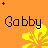yellow floral icons with 'Gabby' text on an orange background, showing animation changes in letter case and accent marks across frames