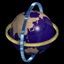 Animated contact sheet of a rotating Earth globe with dual orbiting rings in blue and gold, displayed across 15 frames arranged in a 4x4 grid on black background.