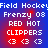 Pixelated text and symbols on a blue-red gradient background with repeated 'Field Hockey' and 'Frenzy 08' elements.