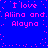 Blue background with pink pixelated text repeating 'I love Aliina and Alayna' in four mirrored quadrants, surrounded by scattered pink dots.