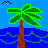 Pixelated palm tree with green fronds and brown trunk stands against blue sky and water, small black pixel cluster in top-left corner.