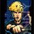 Pixelated character with blonde hair and blue clothing, mouth open in a shout, right hand raised near shoulder, dark blue background with purple and cyan accents.