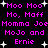 Pixelated text in bright pink on black background with white starbursts, repeating phrases like "Moo Moo" and character names.