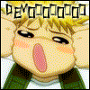 Pixelated anime-style character with blonde hair and green vest, mouth open in surprise across four