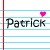 A static image shows the name 'Patrick' in black text on lined paper with pink hearts scattered around it.