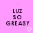 Pixelated text 'LUZ SO GREASY' in black on pink background with white heart symbols, some hearts animated to glow.