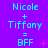 Pixelated text on purple background shows 'Nicole + Tiffany = BFF' with pink symbols changing across three