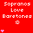 Red background displays repeated text and symbols with animated pink heart variations. Sopranos Love Baretones :D appears in white pixelated font across the