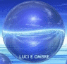identical blue spheres with white horizontal lines and 'LUCI E OMBRE' text below each, set against a blue gradient background with faint wave patterns
