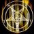 A circular metallic object with interlocking rings and a central on dark background, next to green text reading "Original Icons .com" in pixelated font