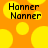 Pixelated orange background with yellow circular shapes and black text reading 'Hanner Nanner' in two identical sections.