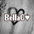 Pixelated grayscale image with 'BellaC' text and heart symbol over a heart outline background.