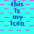 Blue text 'this is my icon' on cyan background with pink pixelated patterns, showing animation changes in text and background elements.