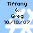 Light blue background with white snowflake icons and black text reading "Tiffany & Greg 10/10/07" in four identical