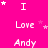 A bright pink background displays repeated text "I Love Andy" in white pixelated font with scattered white stars, arranged in a pattern