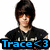 Pixelated image of a person with dark hair and red eyes wearing a black shirt, overlaid with blue text reading "Trace<3" on a white background.