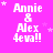 A bright pink background displays repeated white text 'Annie & Alex 4eva!!' with small star symbols, showing animation changes in star positions across frames.