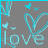 Pixelated cyan text spelling 'love' with butterfly shapes and abstract lines on a gray background.