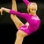 Pixelated gymnast in pink leotard performing split pose, with "Olympic Champ!" text on magenta background and repeated image of gymnast on blue background.
