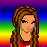 Pixel art contact sheet showing multiple frames of an animated character with long brown braided hair wearing a red crop top and black pants, set against a rainbow striped background with "love skittles" text at the bottom.