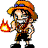Pixel art character in orange hat and brown vest holds flame, then gestures with open hand, then clenches fist against gray background.