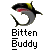 Pixelated shark icon with open mouth showing red interior, yellow dorsal fin, and gray body against light gray background; text below reads "Bitten Buddy" in blocky font.