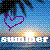 Pixelated image with blue gradient background, purple heart outline, and white text reading 'SUMMER' over a bright light burst.