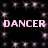 Animated contact sheet showing four frames of a dancing-themed icon with pink text and sparkles on black background