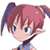 Pixelated anime-style character icon with pink hair, blue eyes, and a dark collar on a white background.