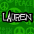 Green background with repeating peace signs and 'PEACE' text, featuring pixelated text labels 'LAUREN', 'BRI', 'JULIA', '& MADDIE', and 'R my BFFLZ!!!!!' in white with black outlines.